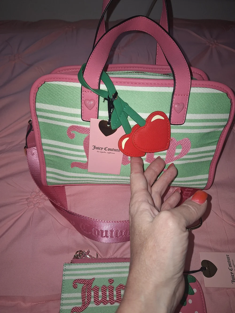 EXCLUSIVE Juicy Couture Pink & Mint Cherry-Strap Satchel Matching Wallet